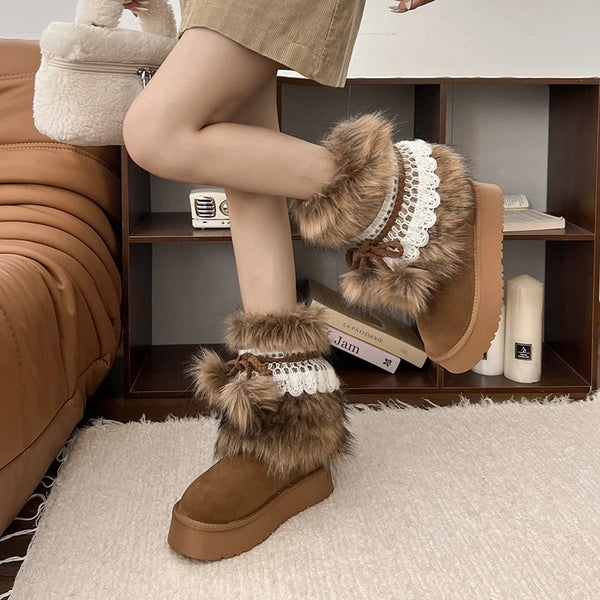 Fluffy Snowproof Cozy Midcalf Laceup Boots